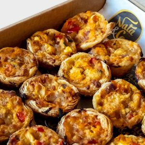 Close-up of savoury mini pastéis de nata